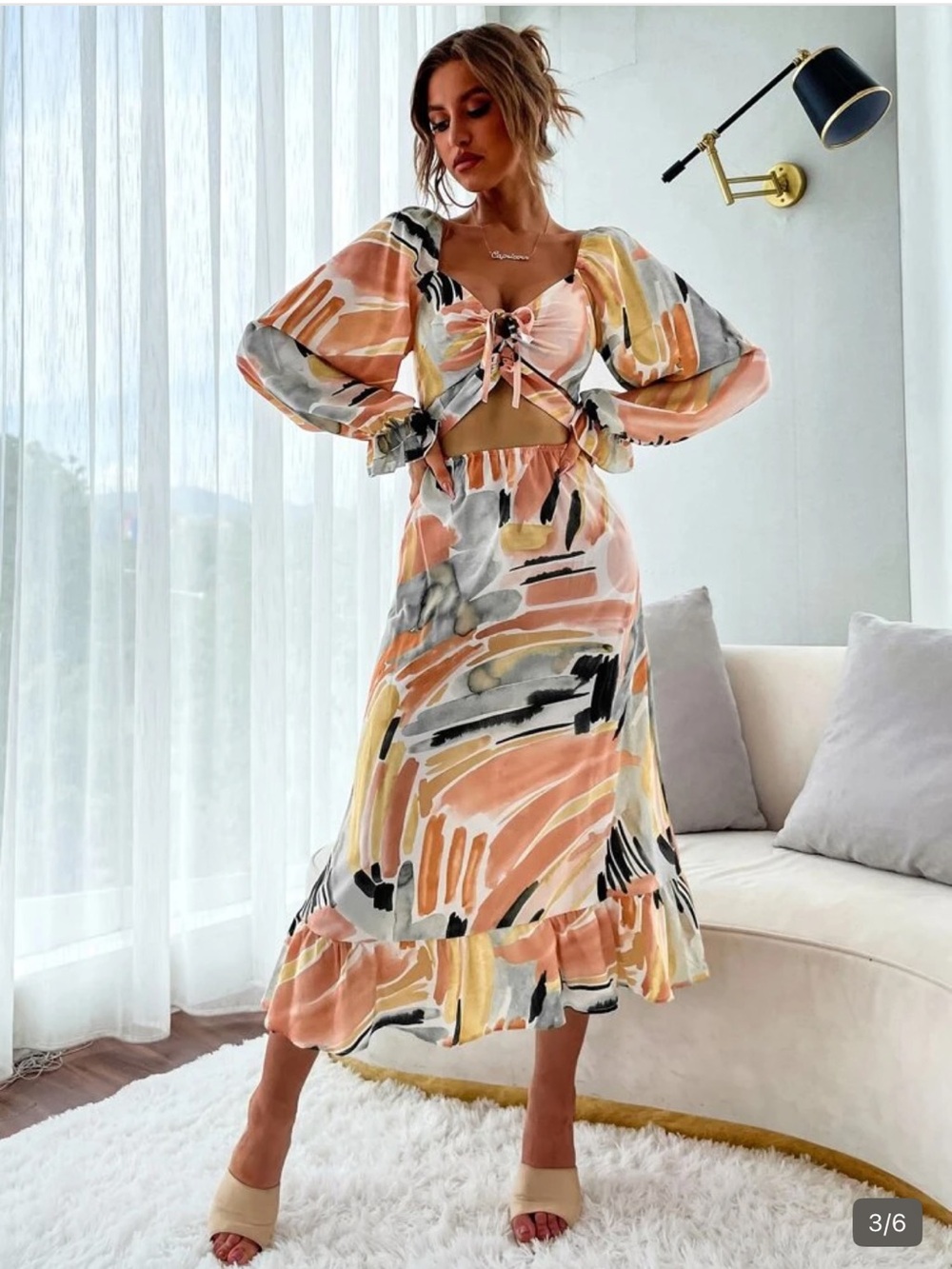 NWOT Abstract Watercolor Two-Piece Midi Dress in Peach, Yellow & Gray